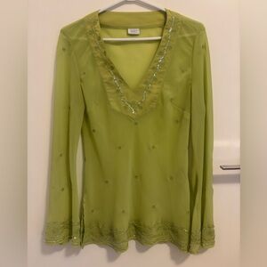 Suzy Shier Y2K Green Embellished V-Neck Tunic Long Sleeve Top size Small